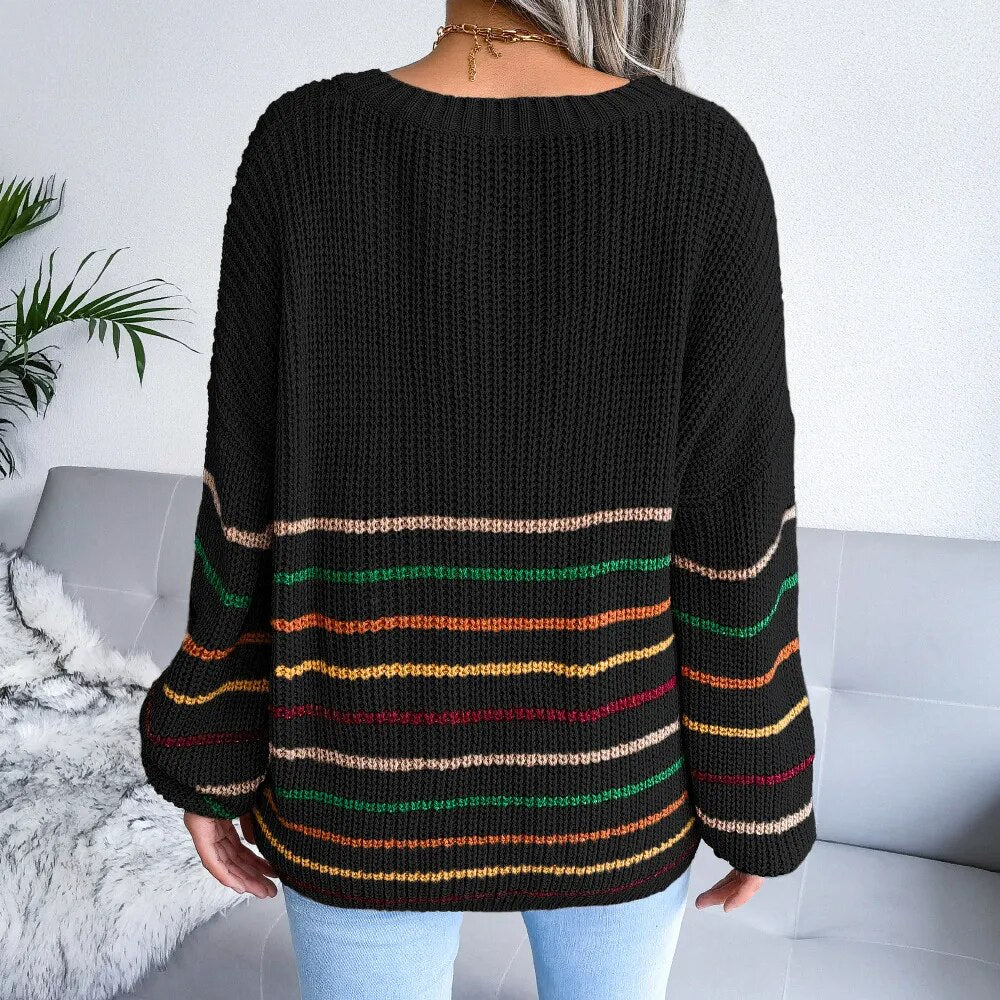 Autumn and Winter V-neck Rainbow Stripes Casual Loose Sweater