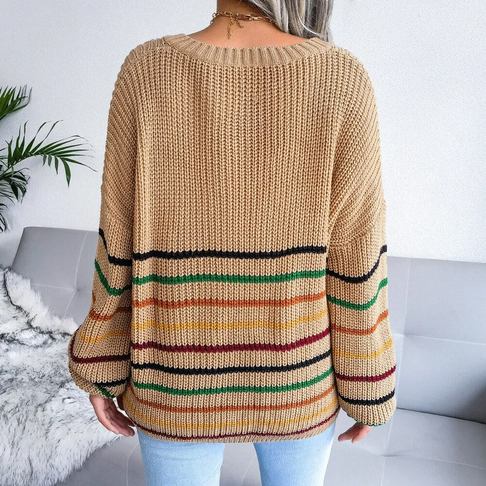 Autumn and Winter V-neck Rainbow Stripes Casual Loose Sweater