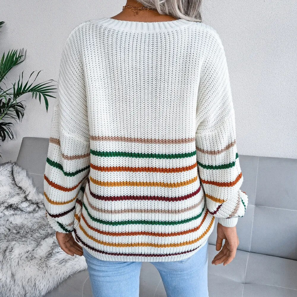 Autumn and Winter V-neck Rainbow Stripes Casual Loose Sweater