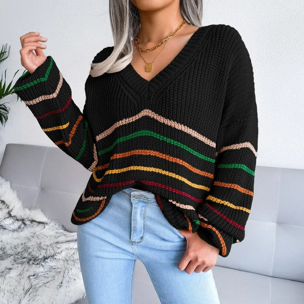 Autumn and Winter V-neck Rainbow Stripes Casual Loose Sweater