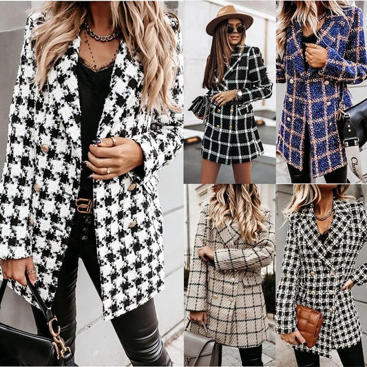 Autumn and Winter Woolen Plaid Long Coat