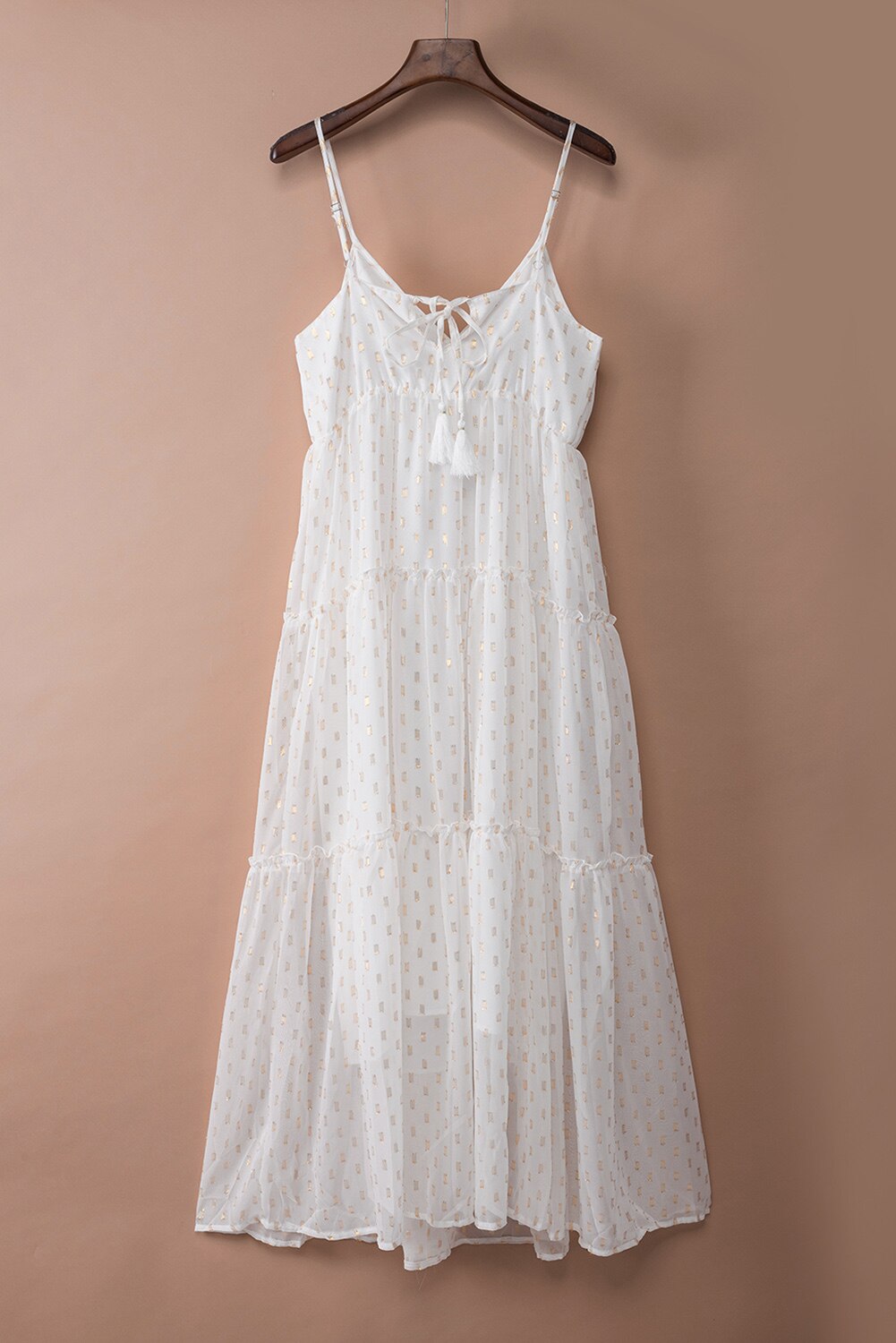 Beige Pattern Print Tiered Ruffled Spaghetti Strap Backless V Neck Maxi Dress