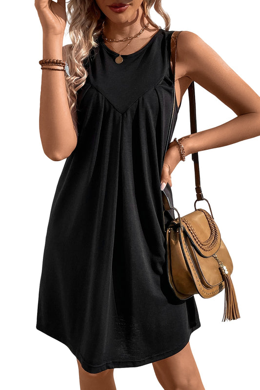 Black Patchwork Pleated Sleeveless Mini Dress