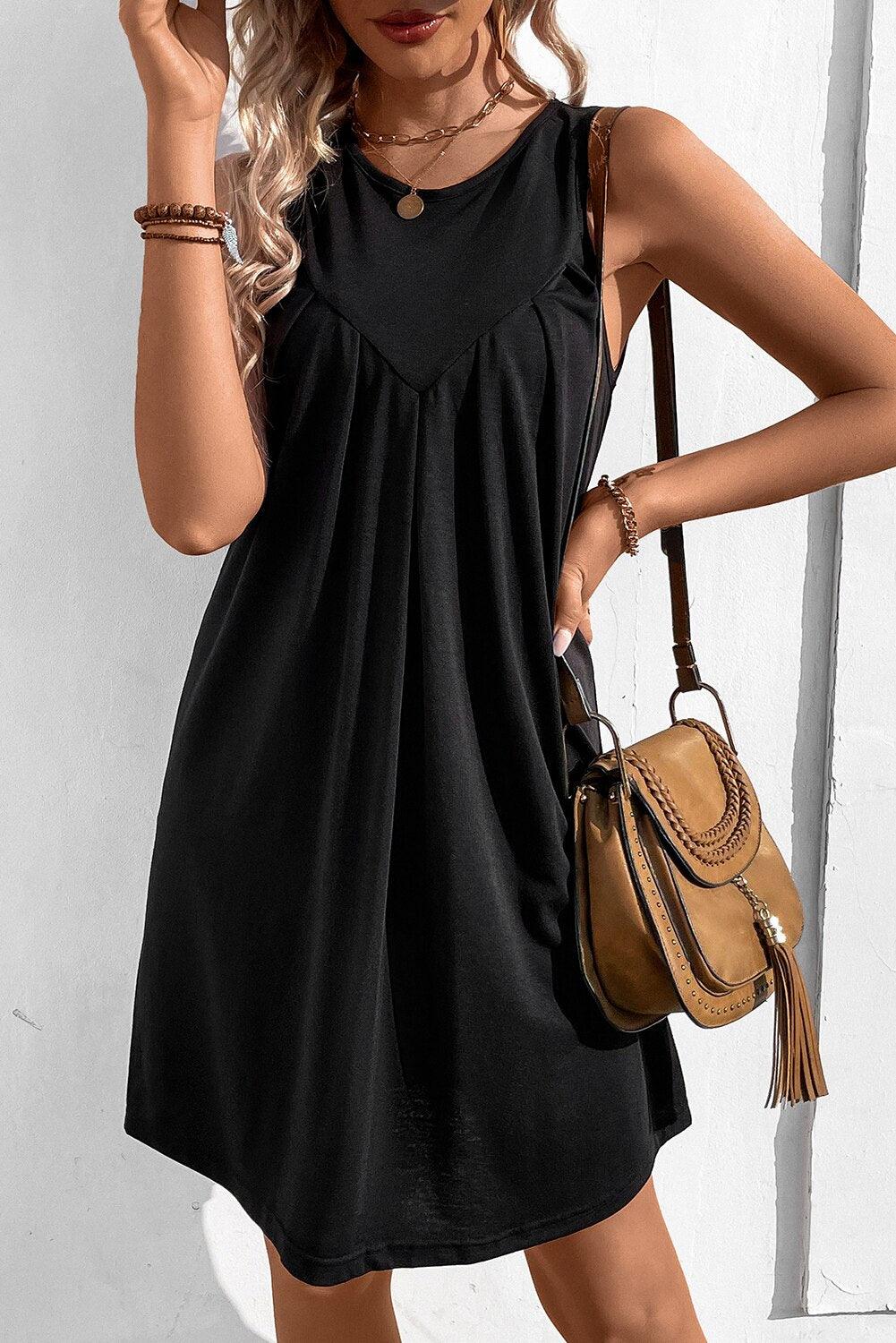 Black Patchwork Pleated Sleeveless Mini Dress