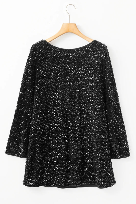 Black Sequins Long Sleeve Knot Cutout Back Mini Dress