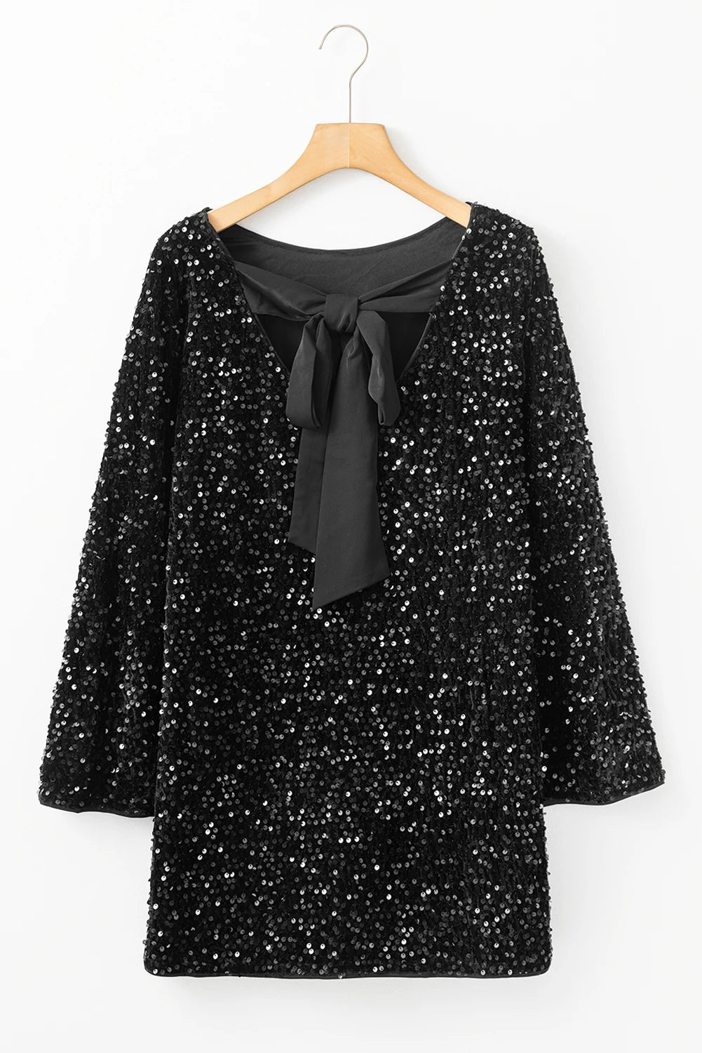 Black Sequins Long Sleeve Knot Cutout Back Mini Dress