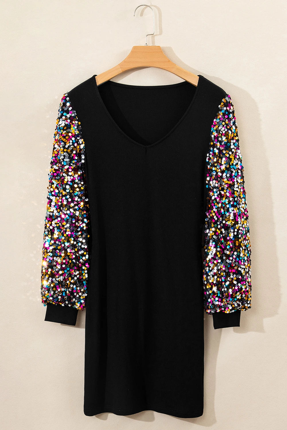 Black Sequins Long Sleeves Mini Sweater Dress