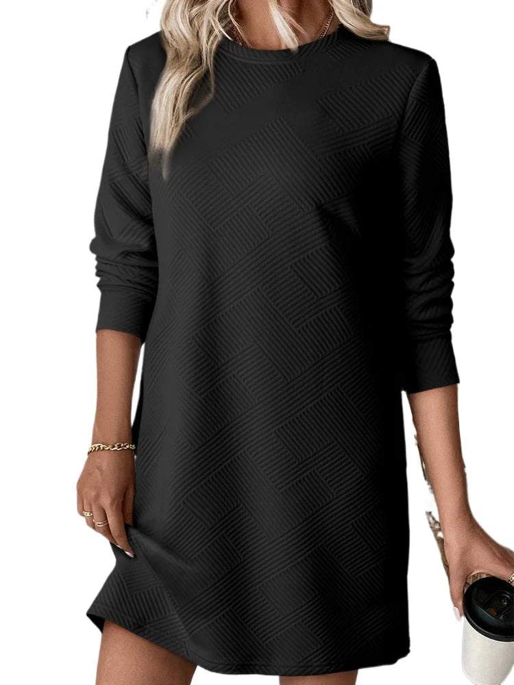 Black Solid Color Textured Long Sleeve Shift Dress