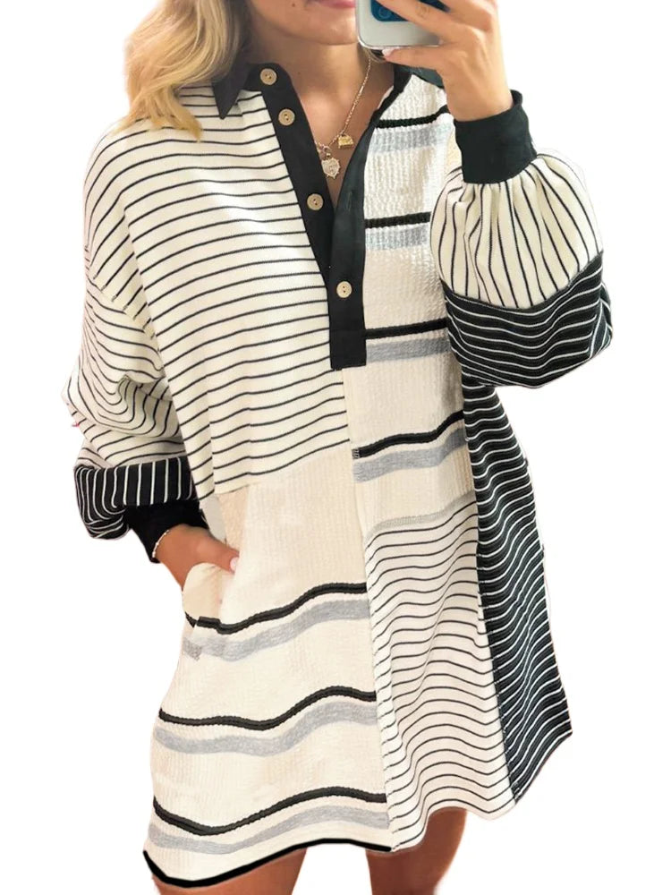 Black Stripe Colorblock Knit Henley Collar Shift Long Sleeve Mini Dress