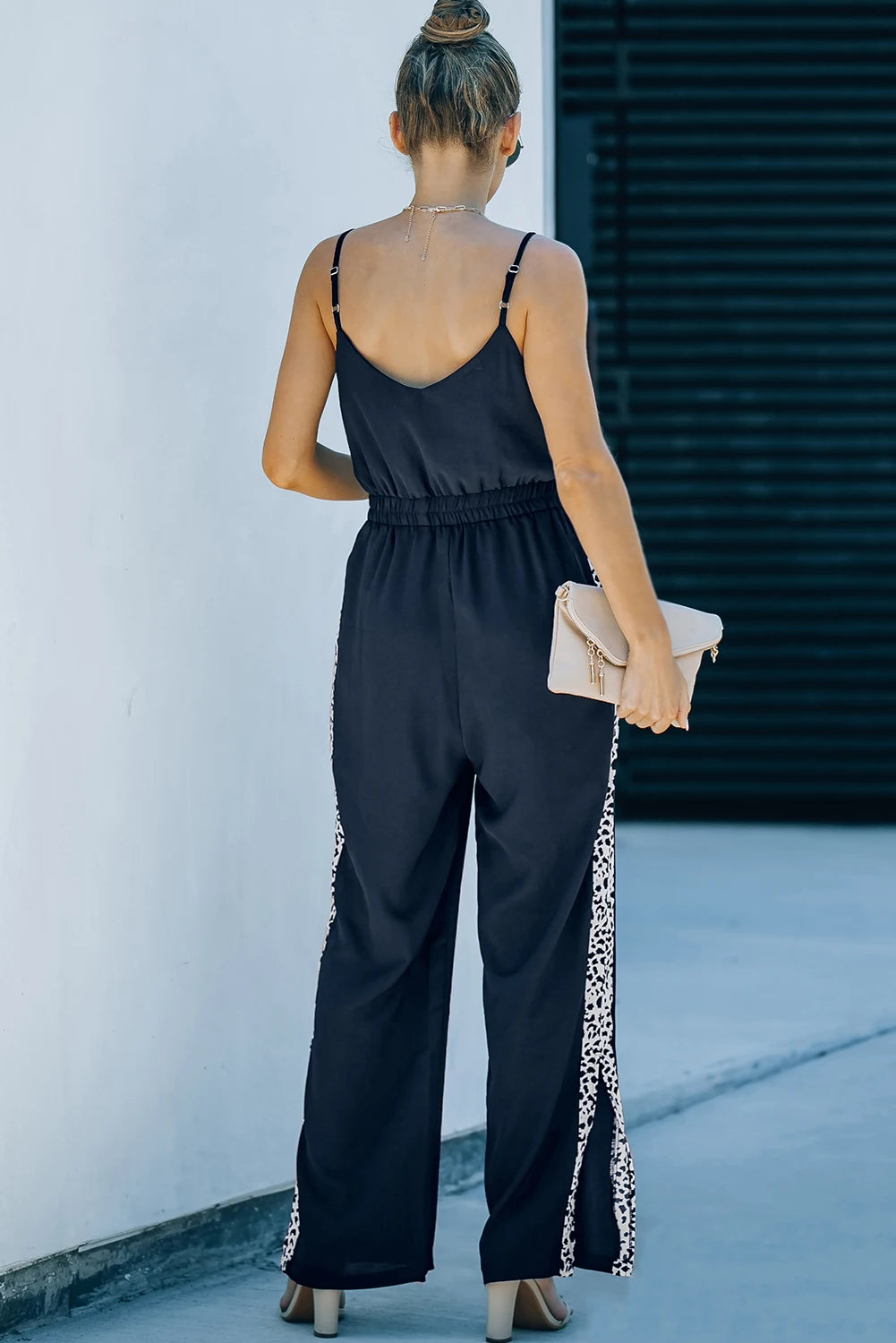 Black V-neck Open Back Leopard Patchwork Spaghetti Strap Wide Leg Jumpsuit