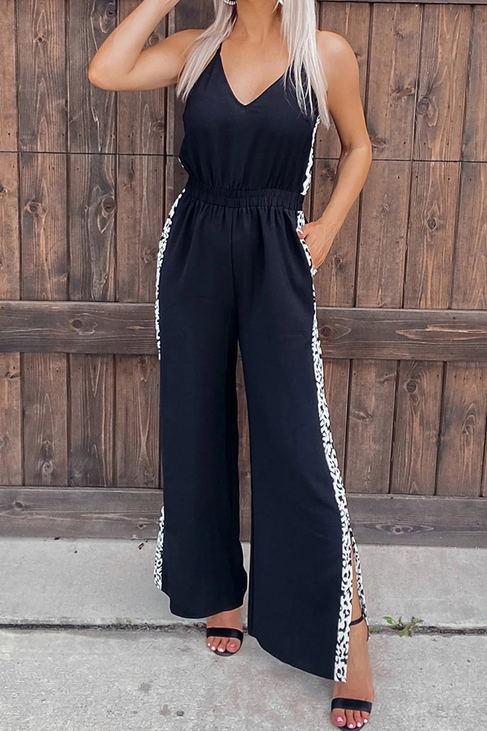 Black V-neck Open Back Leopard Patchwork Spaghetti Strap Wide Leg Jumpsuit