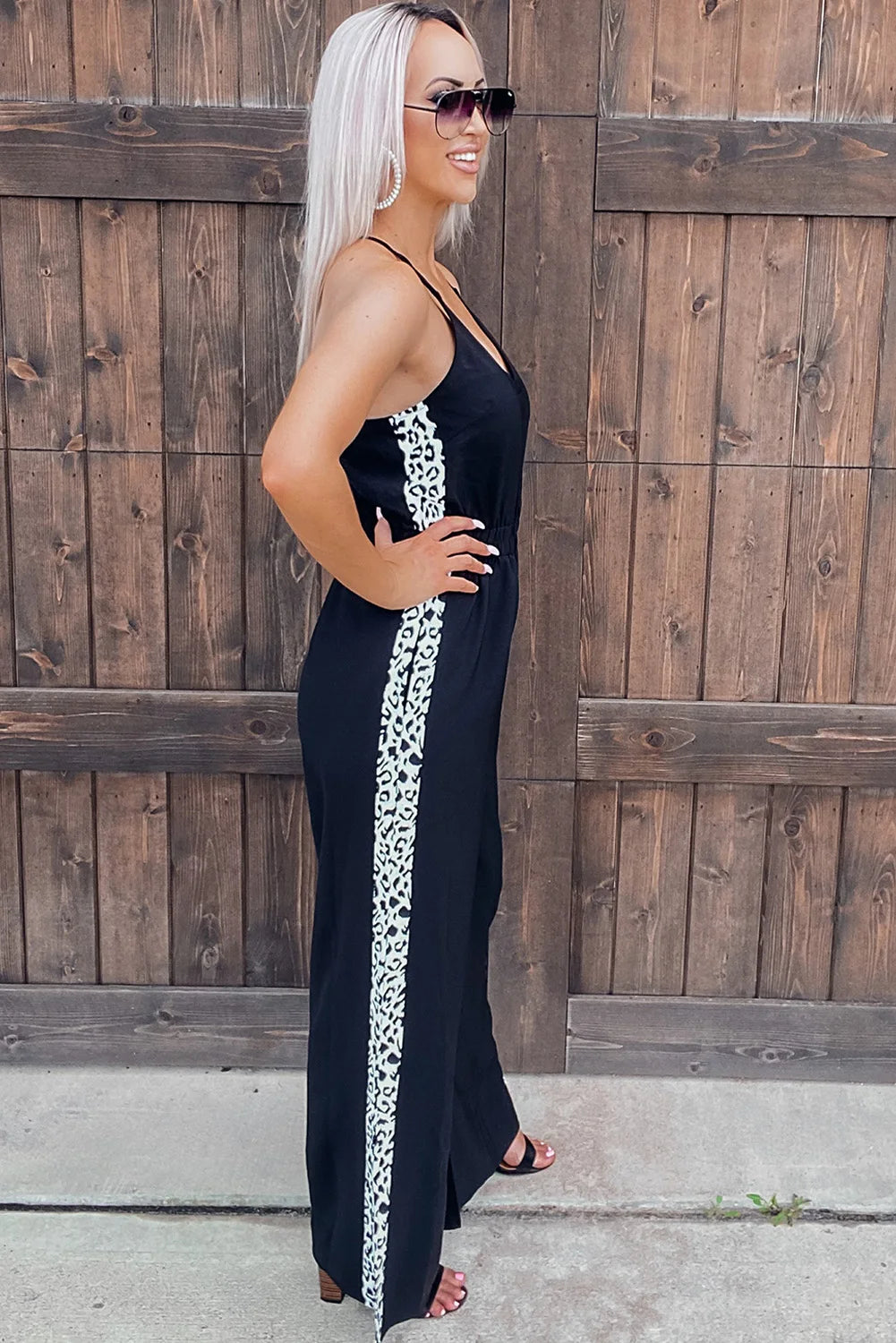 Black V-neck Open Back Leopard Patchwork Spaghetti Strap Wide Leg Jumpsuit