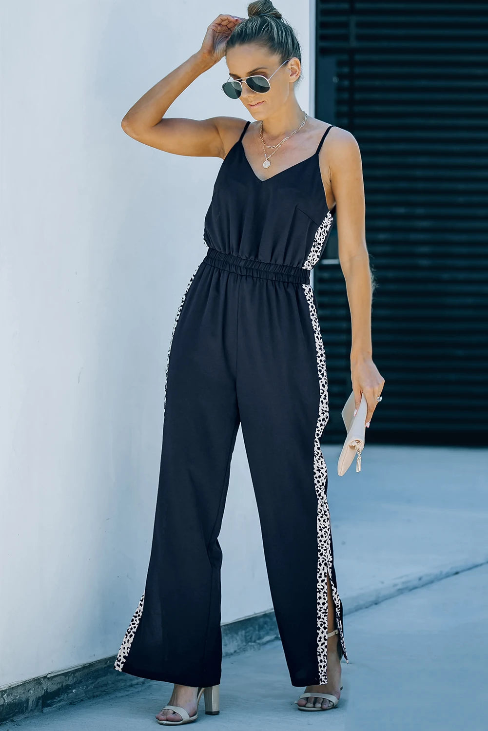 Black V-neck Open Back Leopard Patchwork Spaghetti Strap Wide Leg Jumpsuit