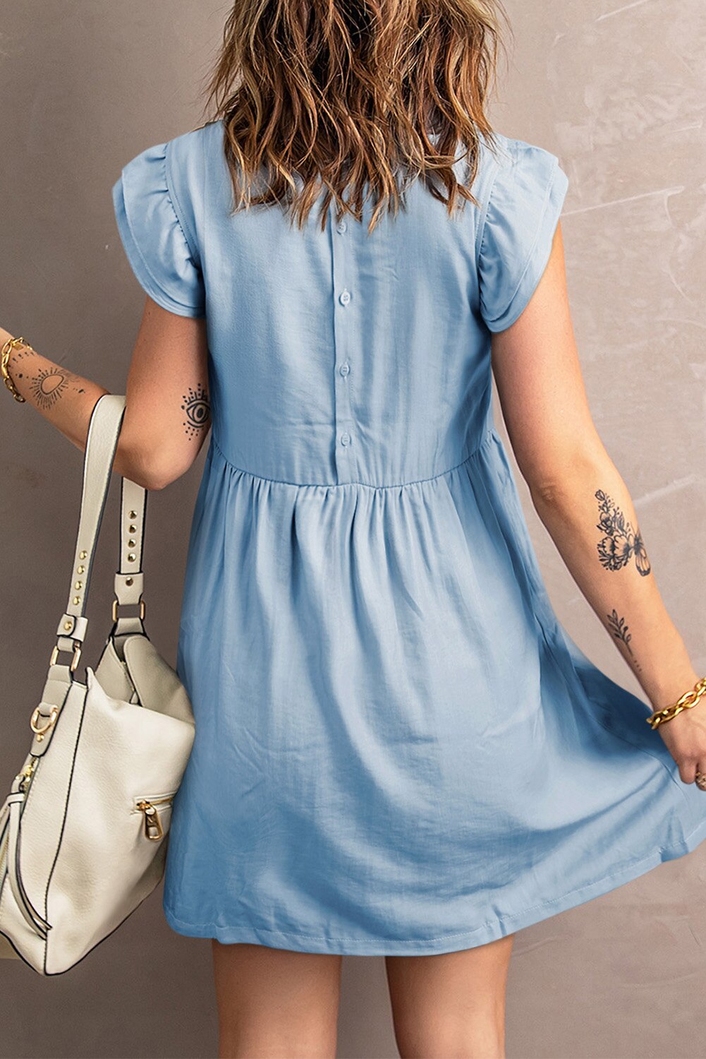 Blue Floral Embroidered Ruffled Sleeve Mini Dress