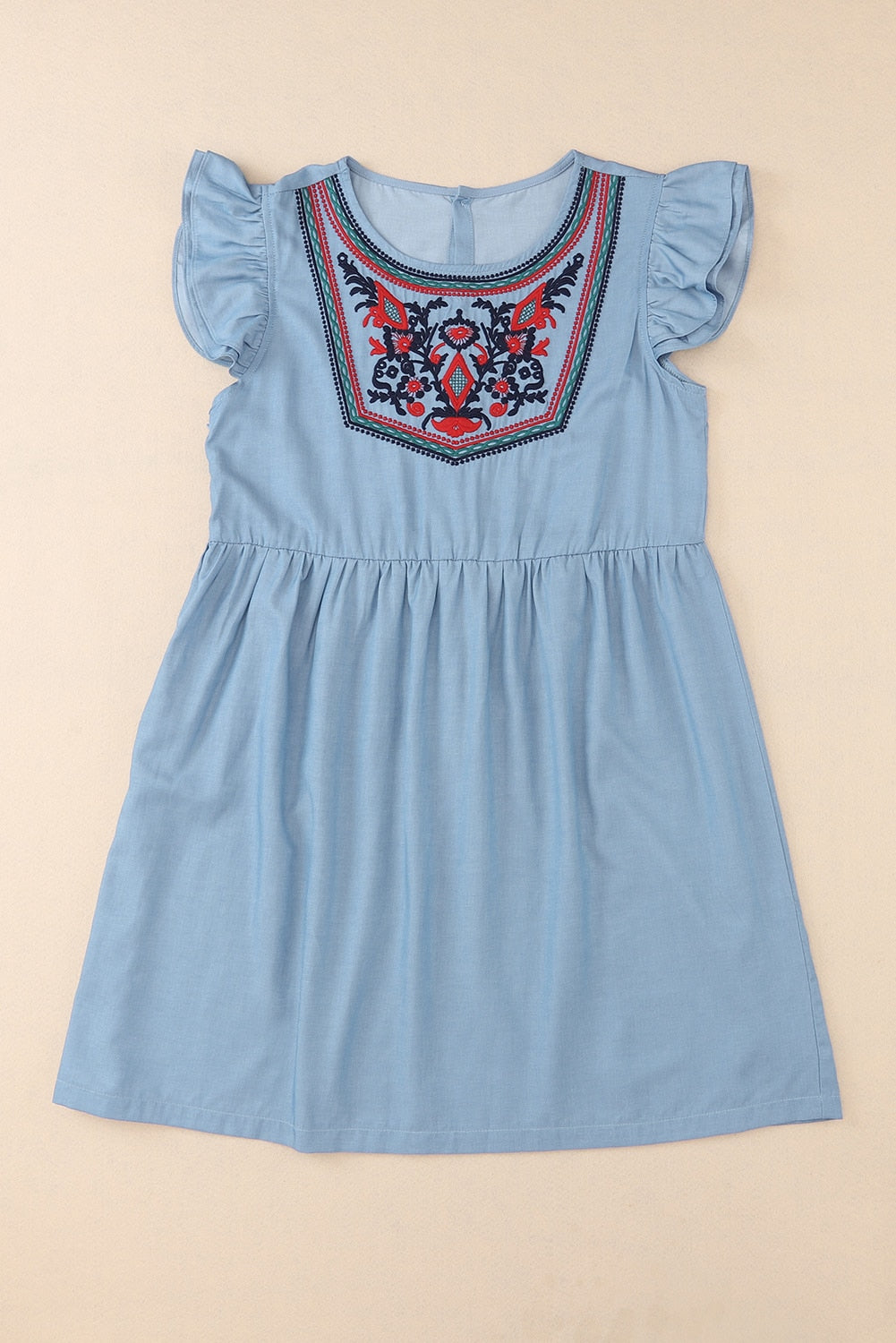 Blue Floral Embroidered Ruffled Sleeve Mini Dress