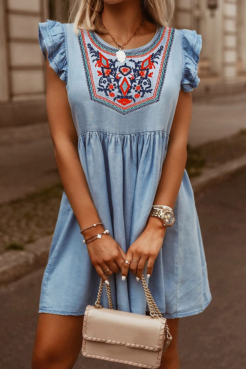 Blue Floral Embroidered Ruffled Sleeve Mini Dress