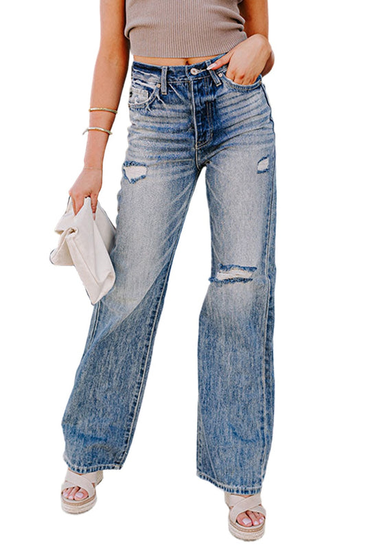 Blue High Waist Distressed Straight Leg Washed Jeans