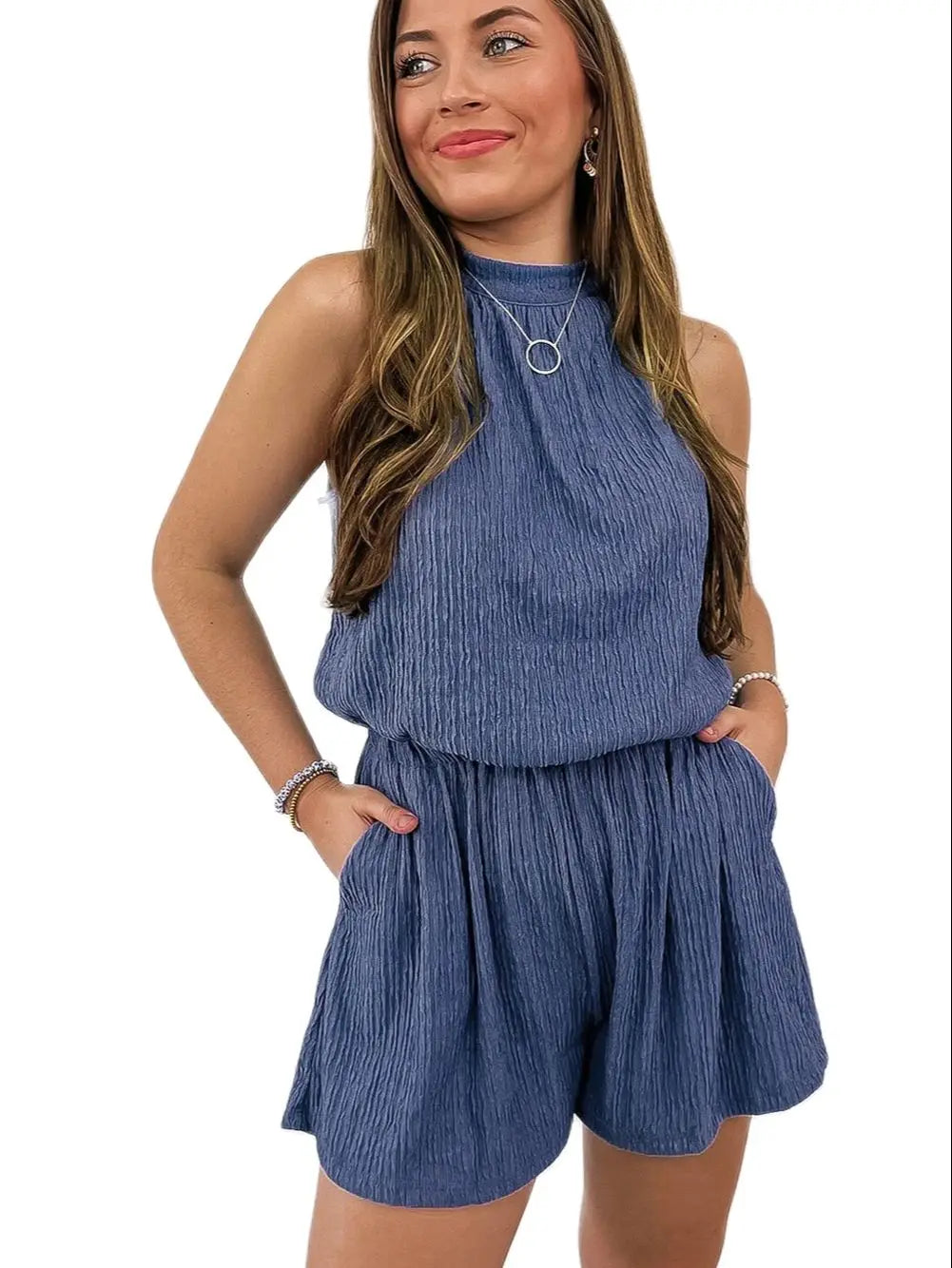 Bluing Knot Back High Neck Crinkle Textured Romper