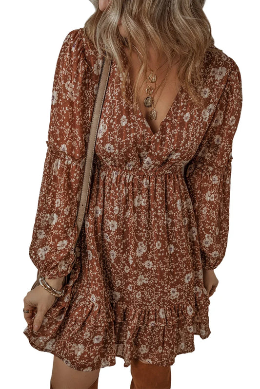 Brown Boho Floral Ruffled Puff Long Sleeve V Neck Mini Dress