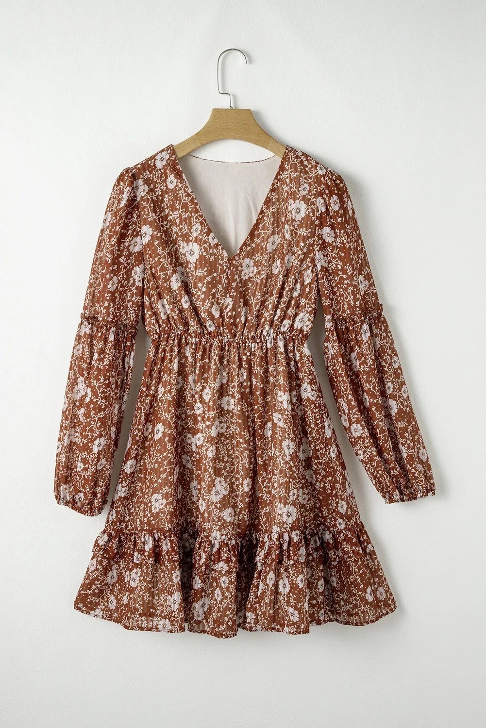 Brown Boho Floral Ruffled Puff Long Sleeve V Neck Mini Dress