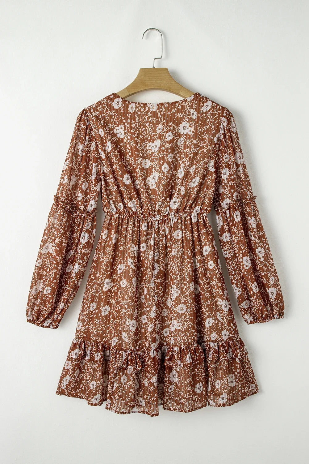 Brown Boho Floral Ruffled Puff Long Sleeve V Neck Mini Dress