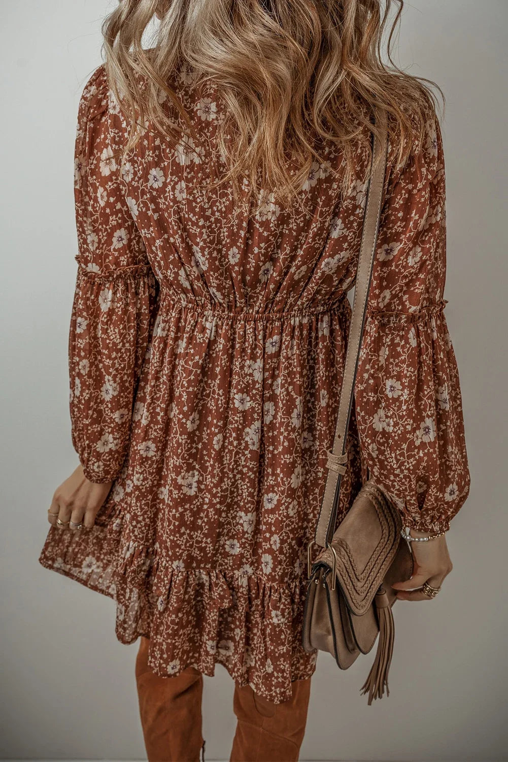 Brown Boho Floral Ruffled Puff Long Sleeve V Neck Mini Dress