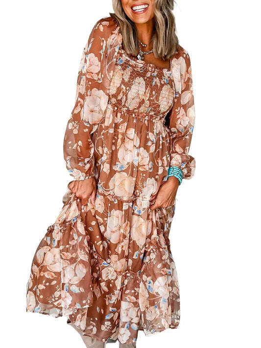 Brown Floral Print Shirred Square Neck High Waist Maxi Dress