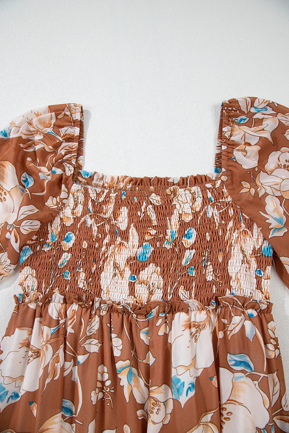 Brown Floral Print Shirred Square Neck High Waist Maxi Dress