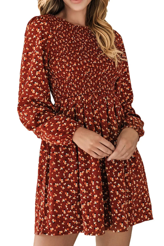 Brown Floral Smocked Bodice Long Sleeves Mini Dress