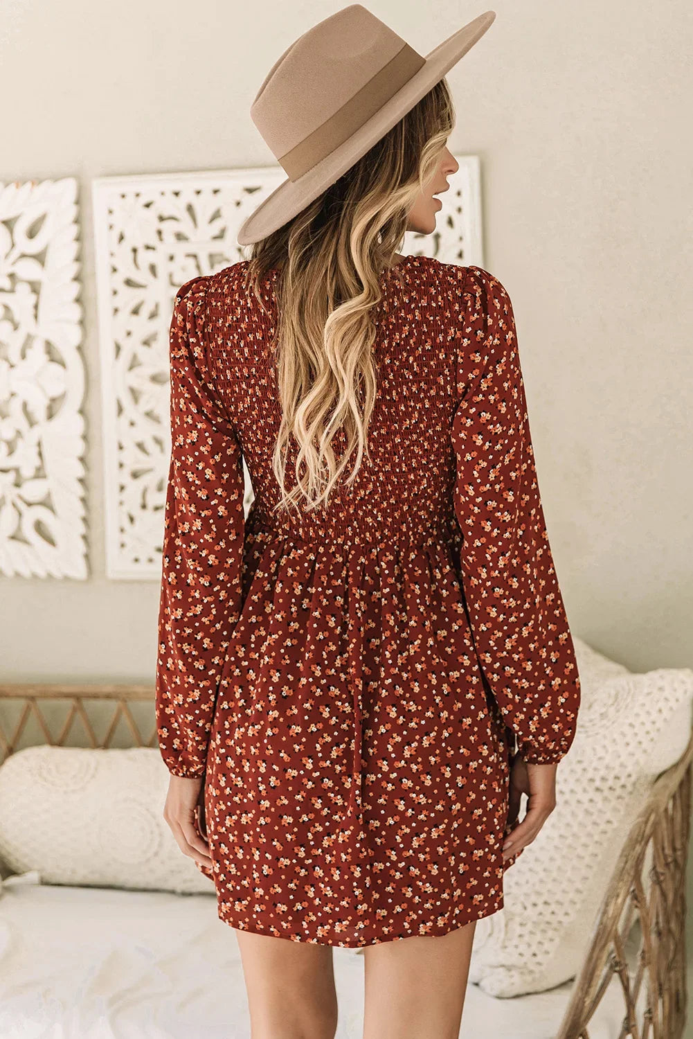 Brown Floral Smocked Bodice Long Sleeves Mini Dress