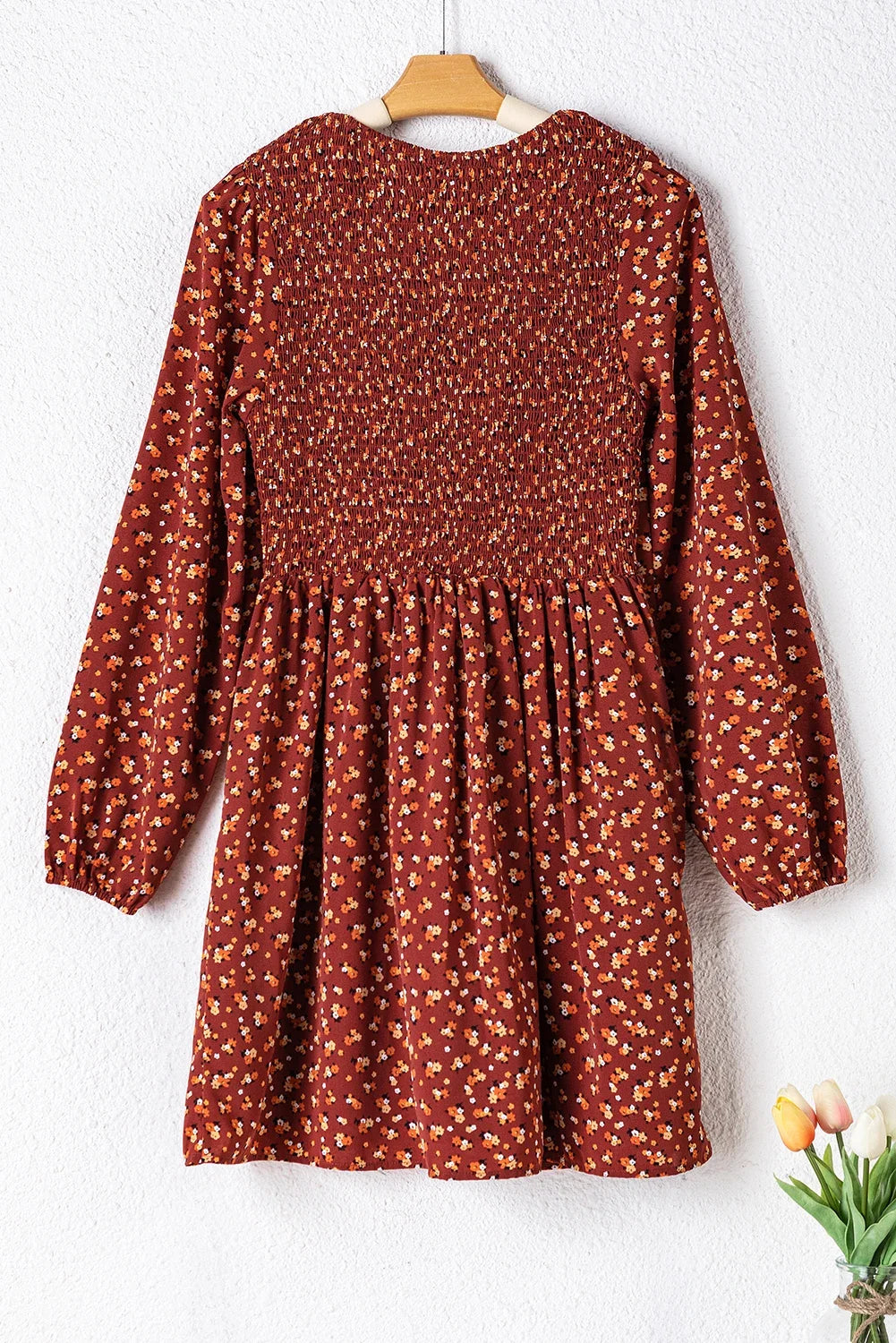 Brown Floral Smocked Bodice Long Sleeves Mini Dress