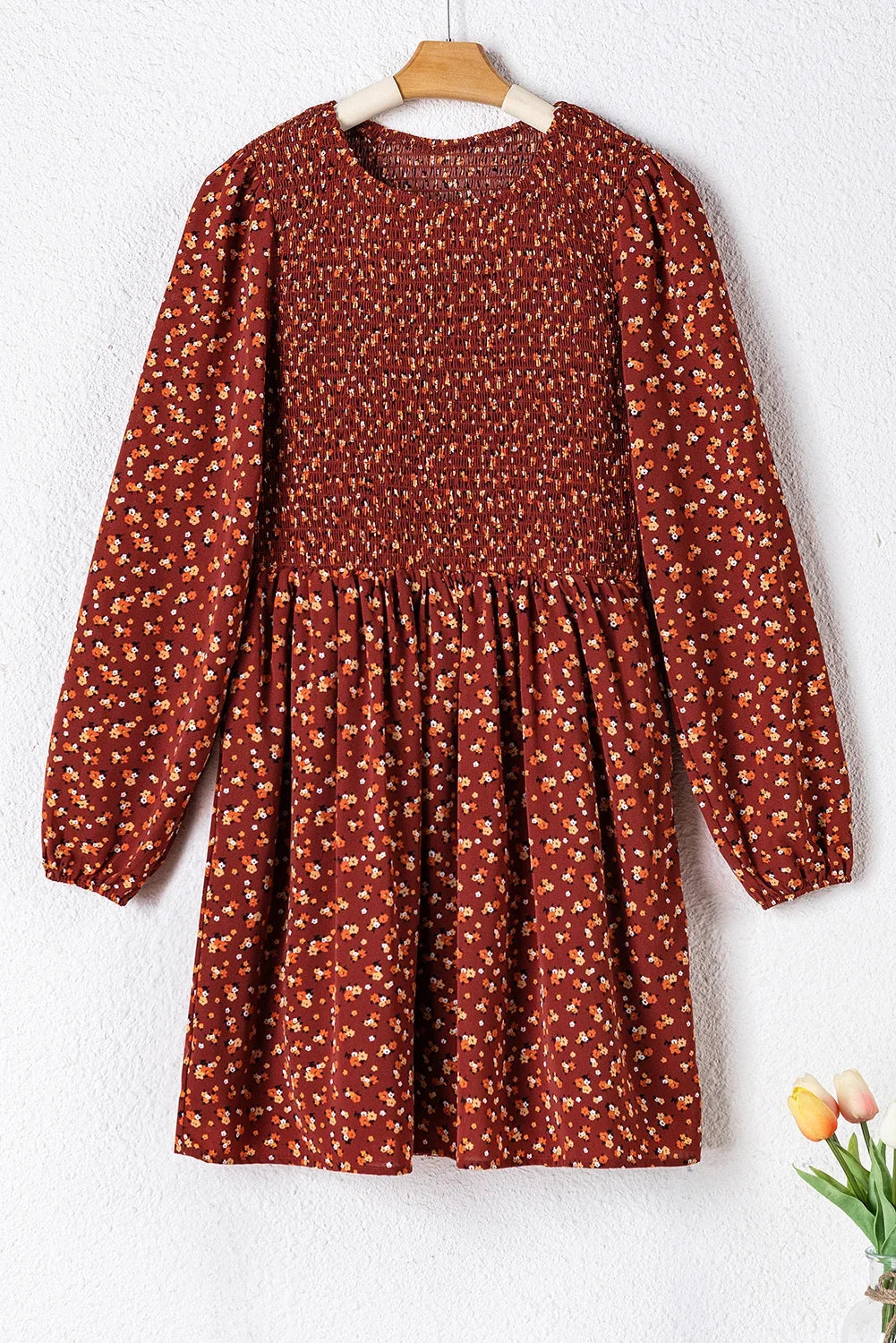 Brown Floral Smocked Bodice Long Sleeves Mini Dress