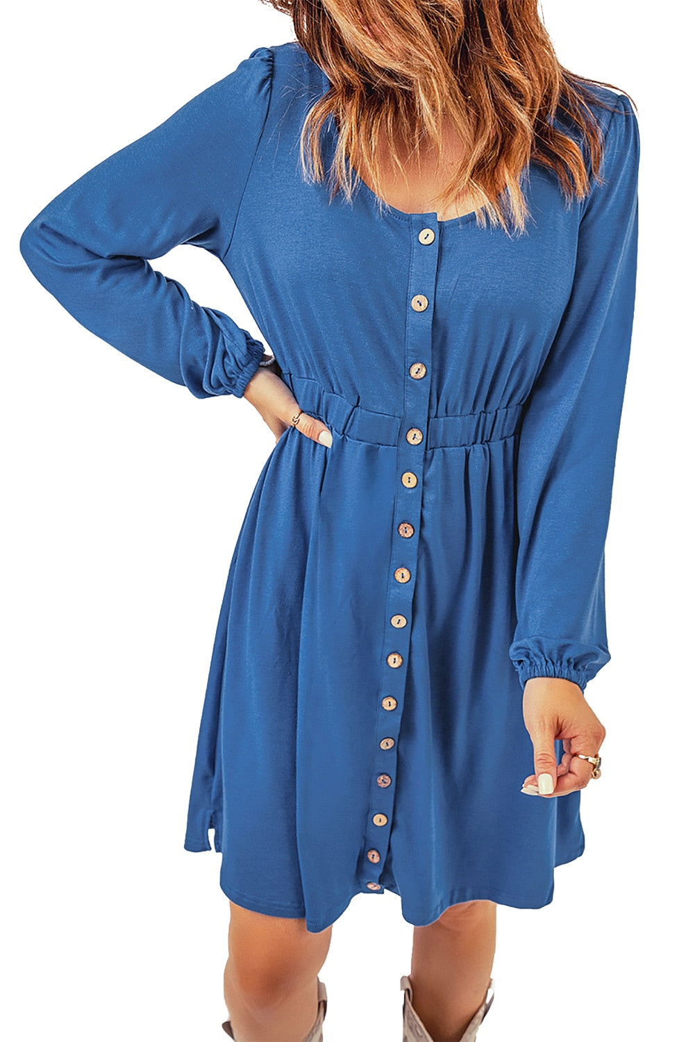 Button High Waist Long Sleeve Mini Dress