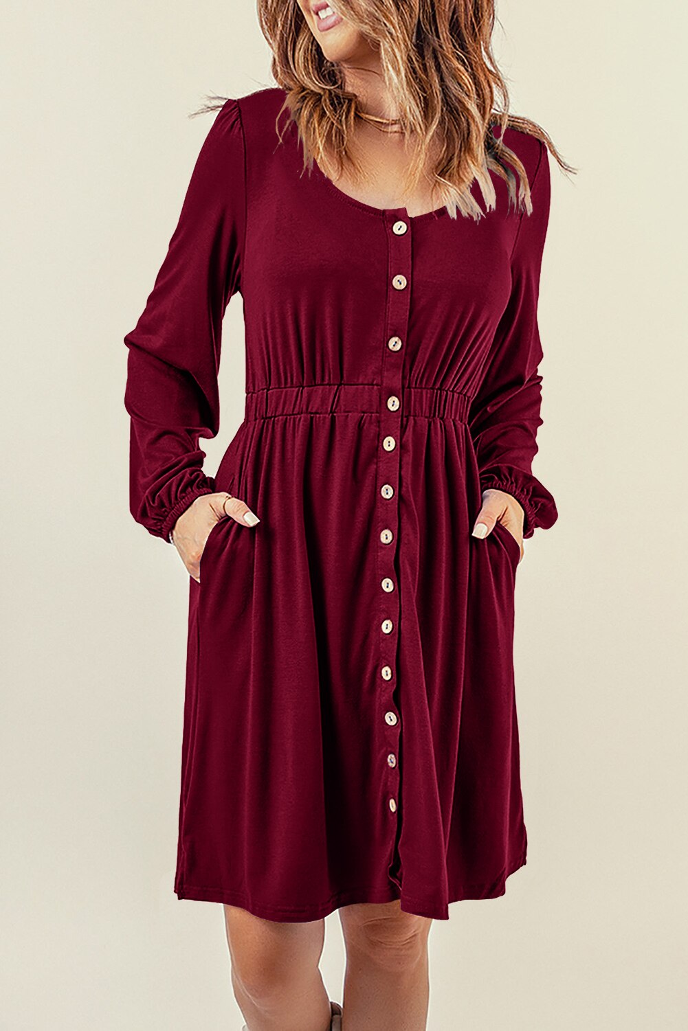 Button High Waist Long Sleeve Mini Dress