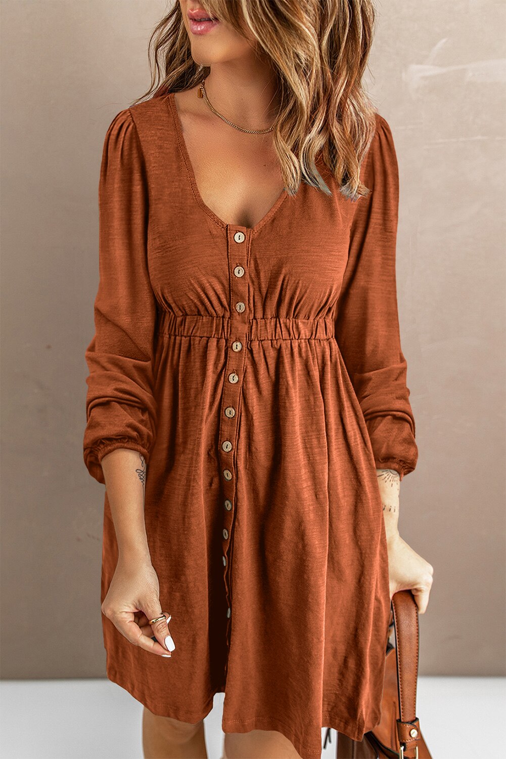 Button High Waist Long Sleeve Mini Dress