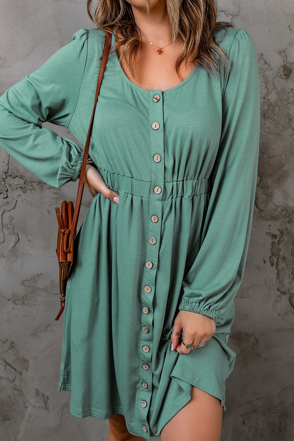 Button High Waist Long Sleeve Mini Dress