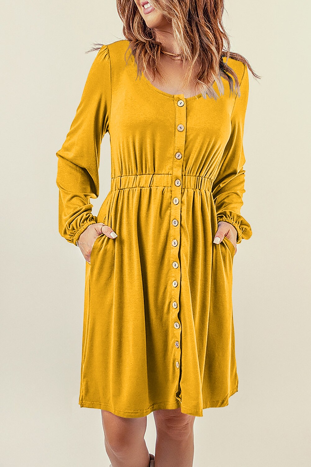 Button High Waist Long Sleeve Mini Dress