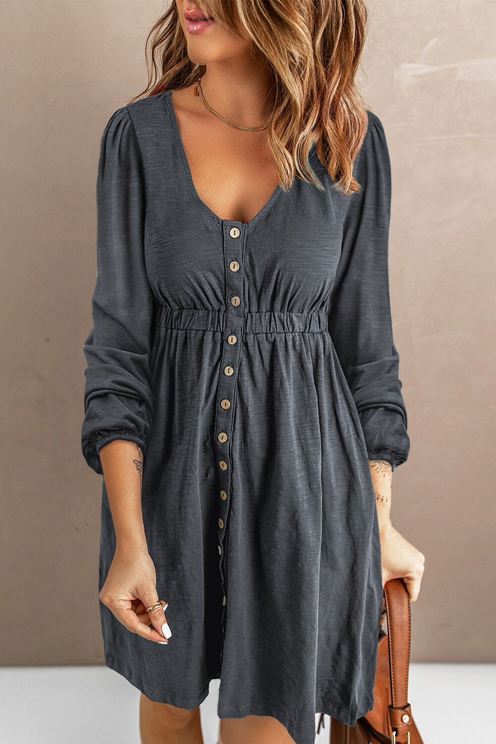 Button High Waist Long Sleeve Mini Dress