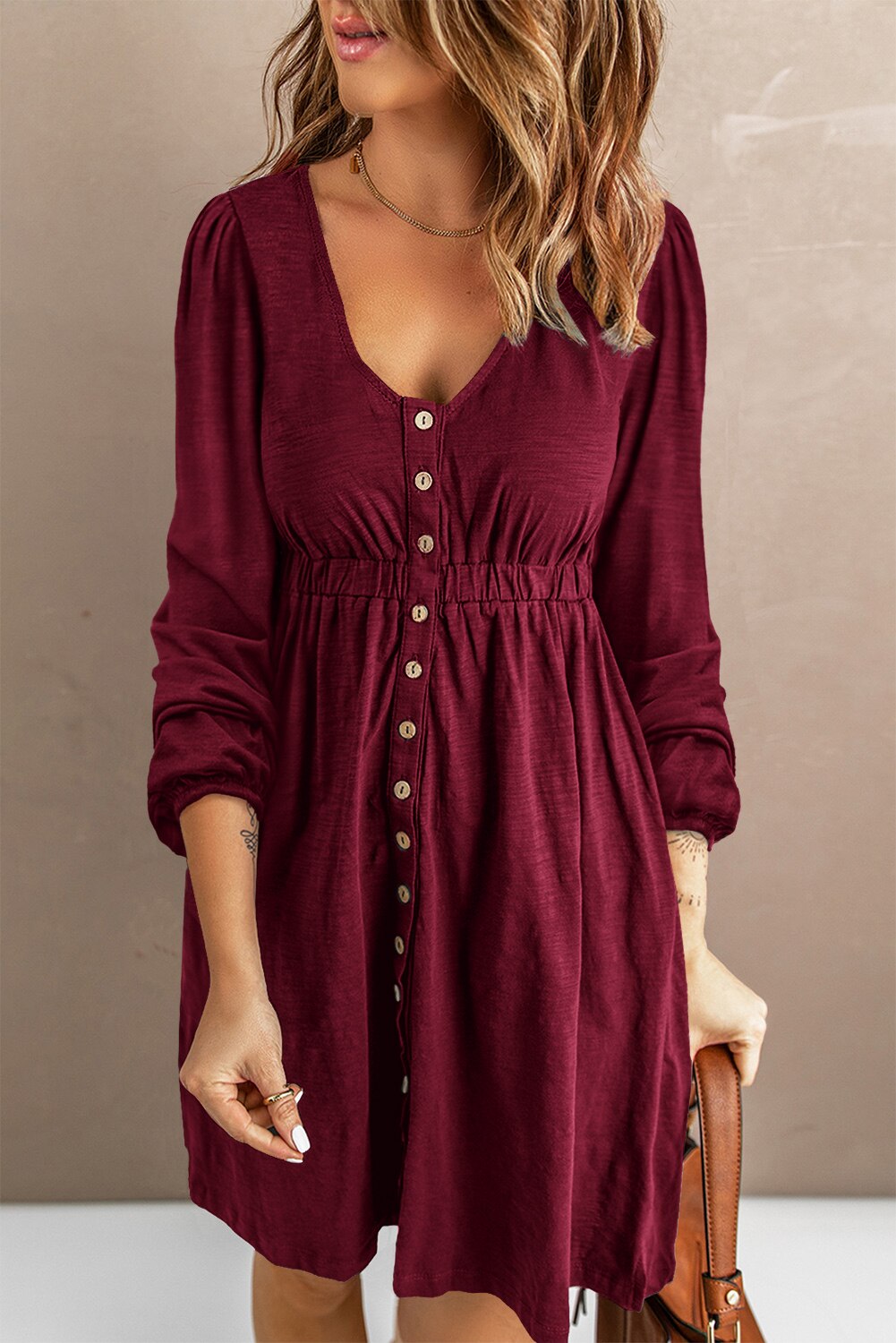 Button High Waist Long Sleeve Mini Dress