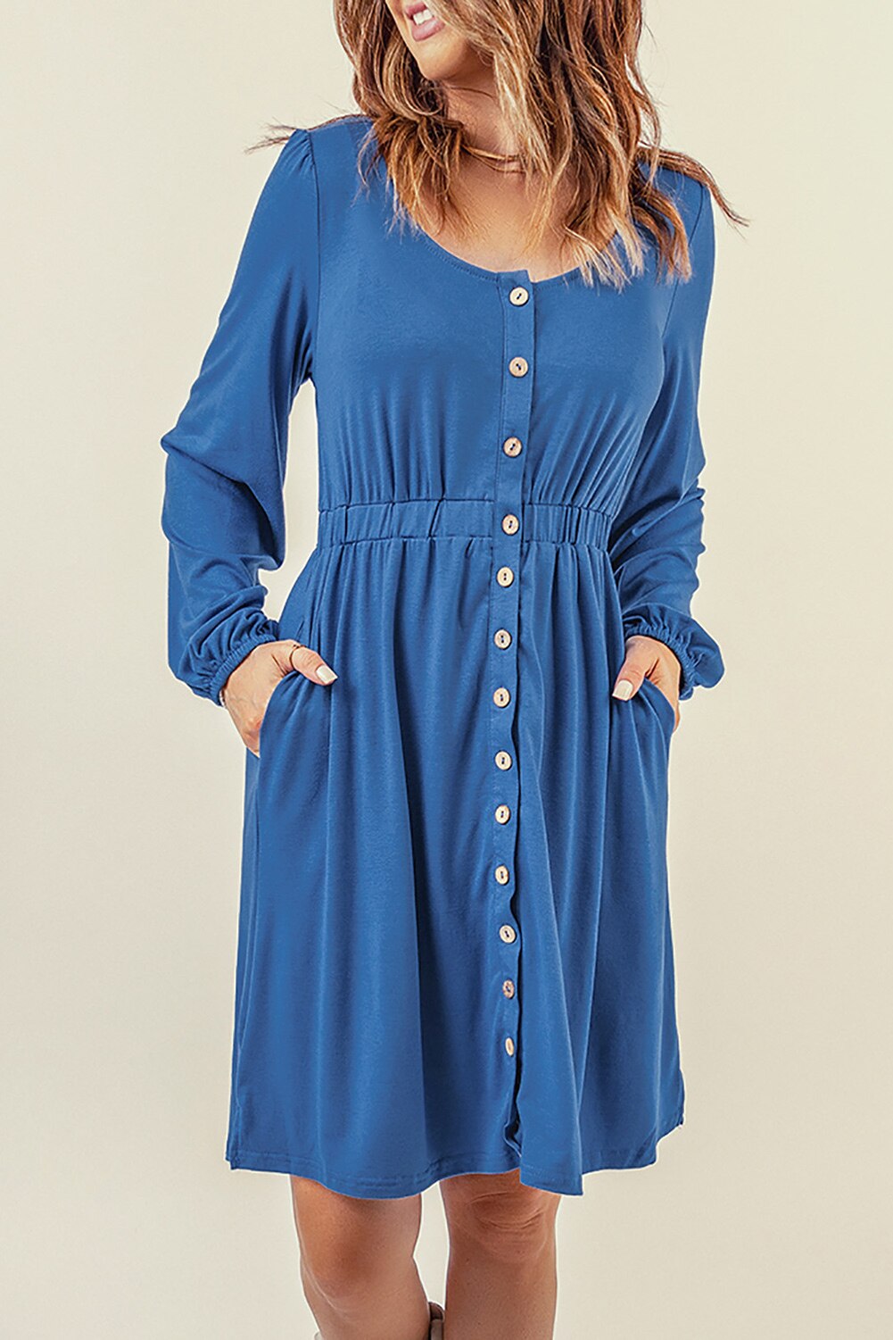 Button High Waist Long Sleeve Mini Dress