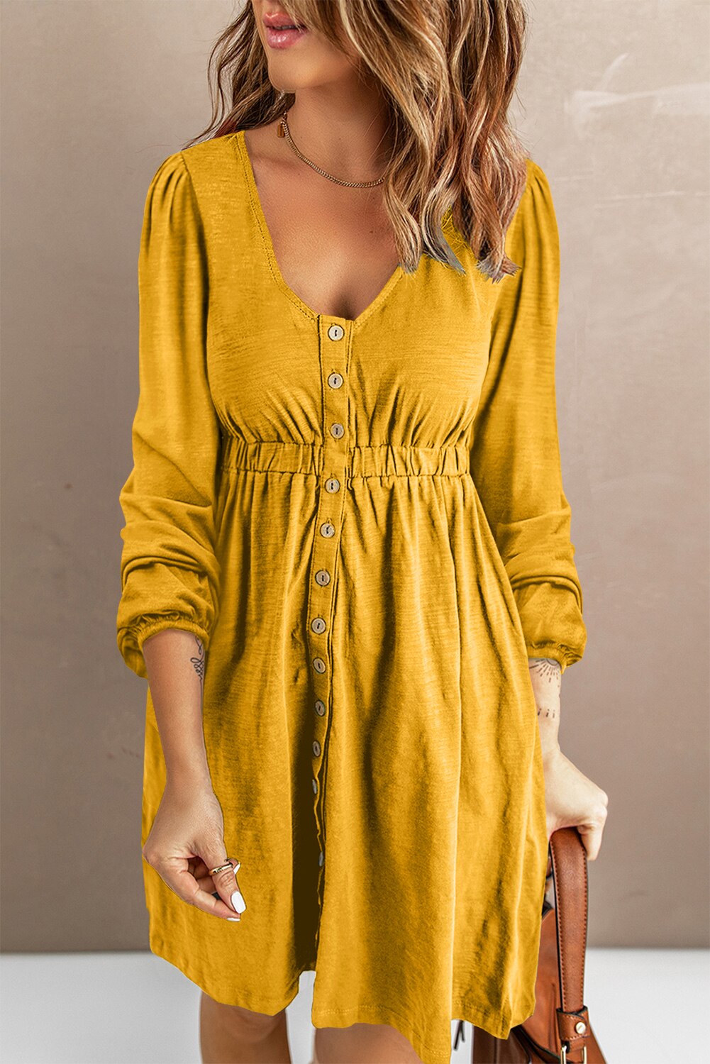 Button High Waist Long Sleeve Mini Dress