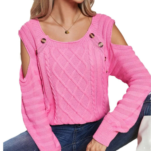 Button Square Collar Off-the-shoulder Long Sleeve Twisted Knit Pullover Women's Wear