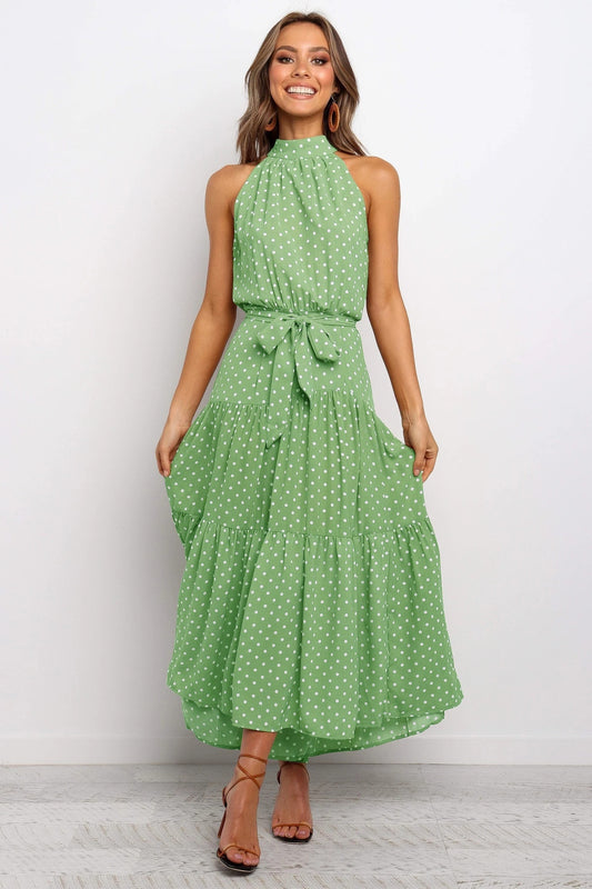 Casual Elegant Halter Polka-dot Printed Lace-up Long Dress