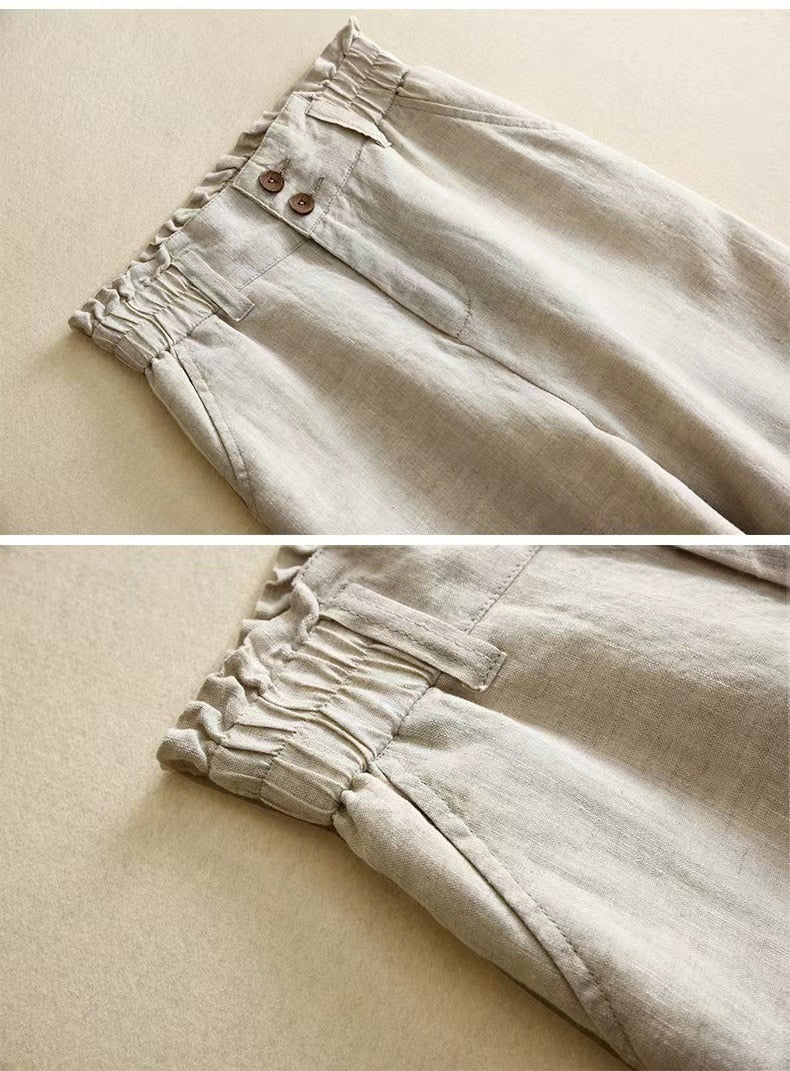 Casual Solid Color Cotton and Linen High Waist Wide-leg Pants Women