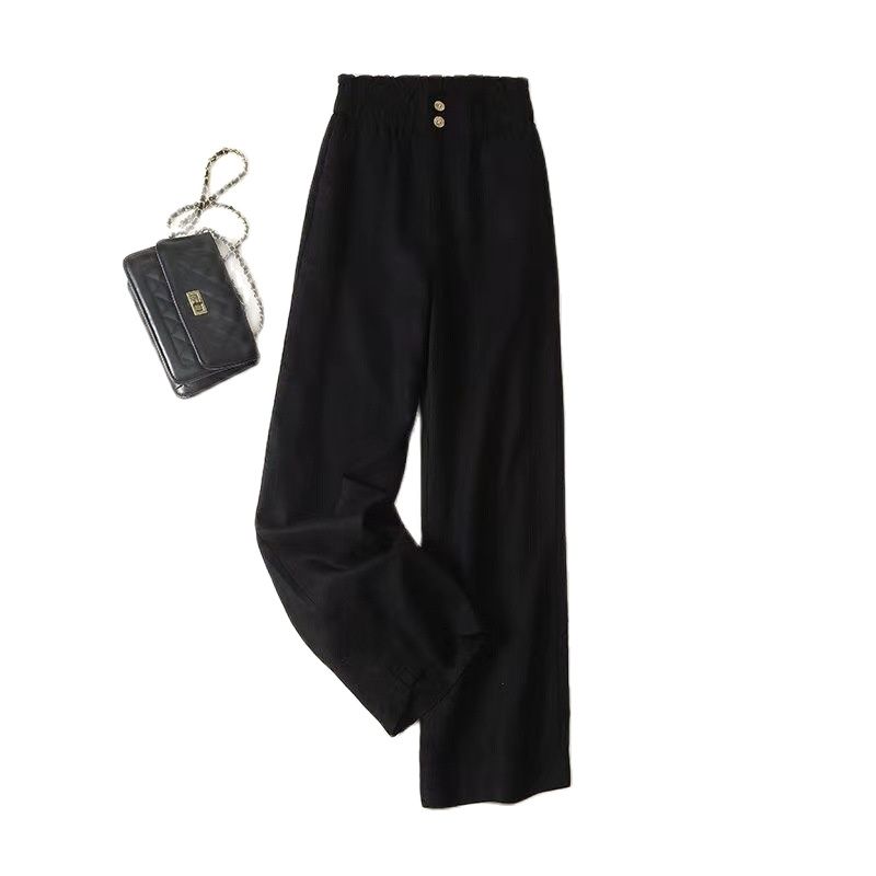 Casual Solid Color Cotton and Linen High Waist Wide-leg Pants Women