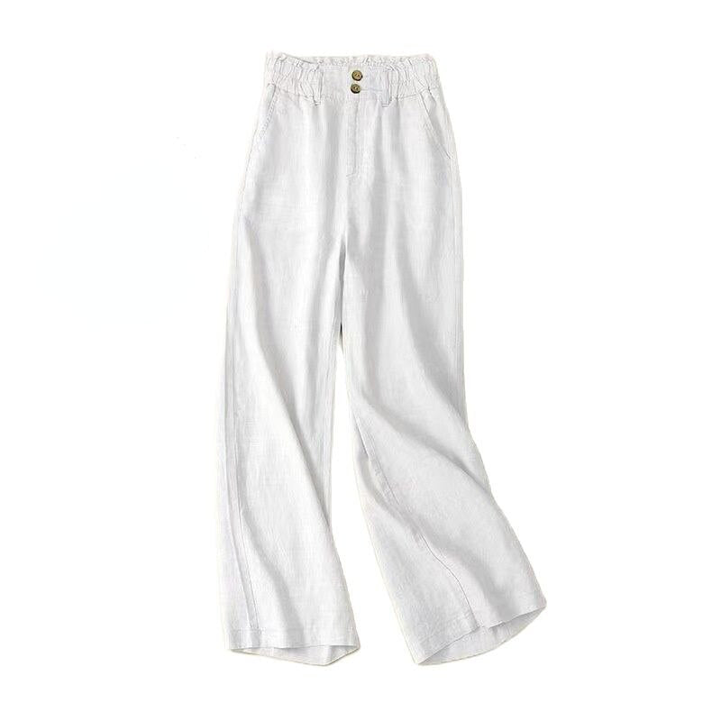 Casual Solid Color Cotton and Linen High Waist Wide-leg Pants Women