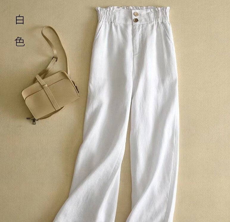 Casual Solid Color Cotton and Linen High Waist Wide-leg Pants Women