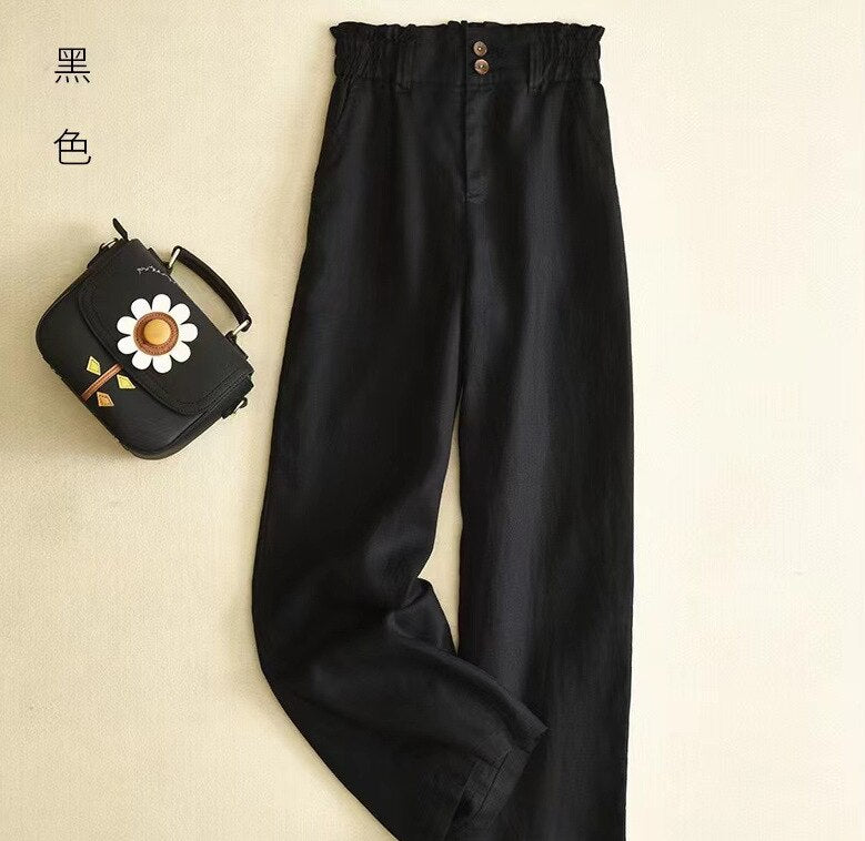 Casual Solid Color Cotton and Linen High Waist Wide-leg Pants Women