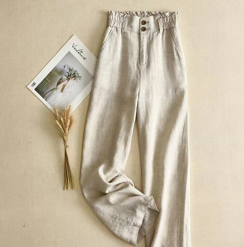 Casual Solid Color Cotton and Linen High Waist Wide-leg Pants Women