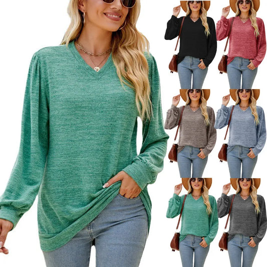 Casual V-neck Long Sleeves Solid Color T-shirt Women's Top